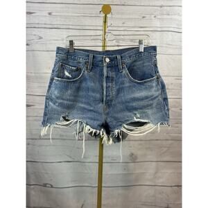 Levi’s 501 Jean Shorts Womens Sz 30 Raw Hem Button Fly High Rise Blue Distressed